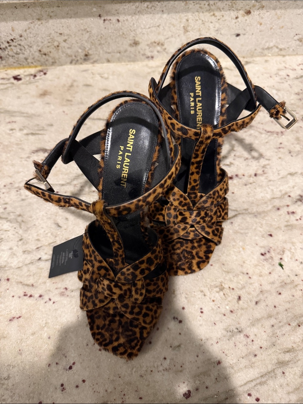 Saint Laurent Leopard Print T-Strap Heels - Black & Brown - Picture 5 of 6